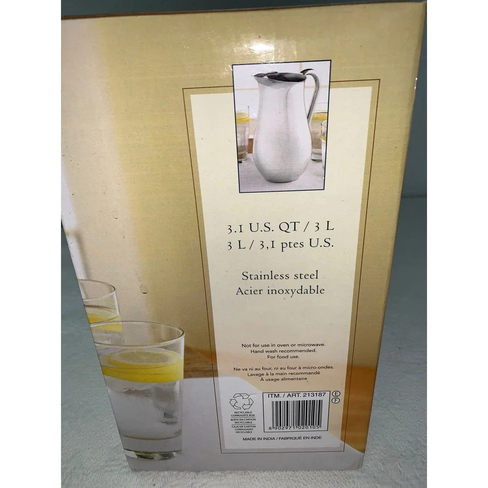 Stainless Steel Water Pitcher 3.1 QT 3L Capacity Polished Silver Kirkland Costco